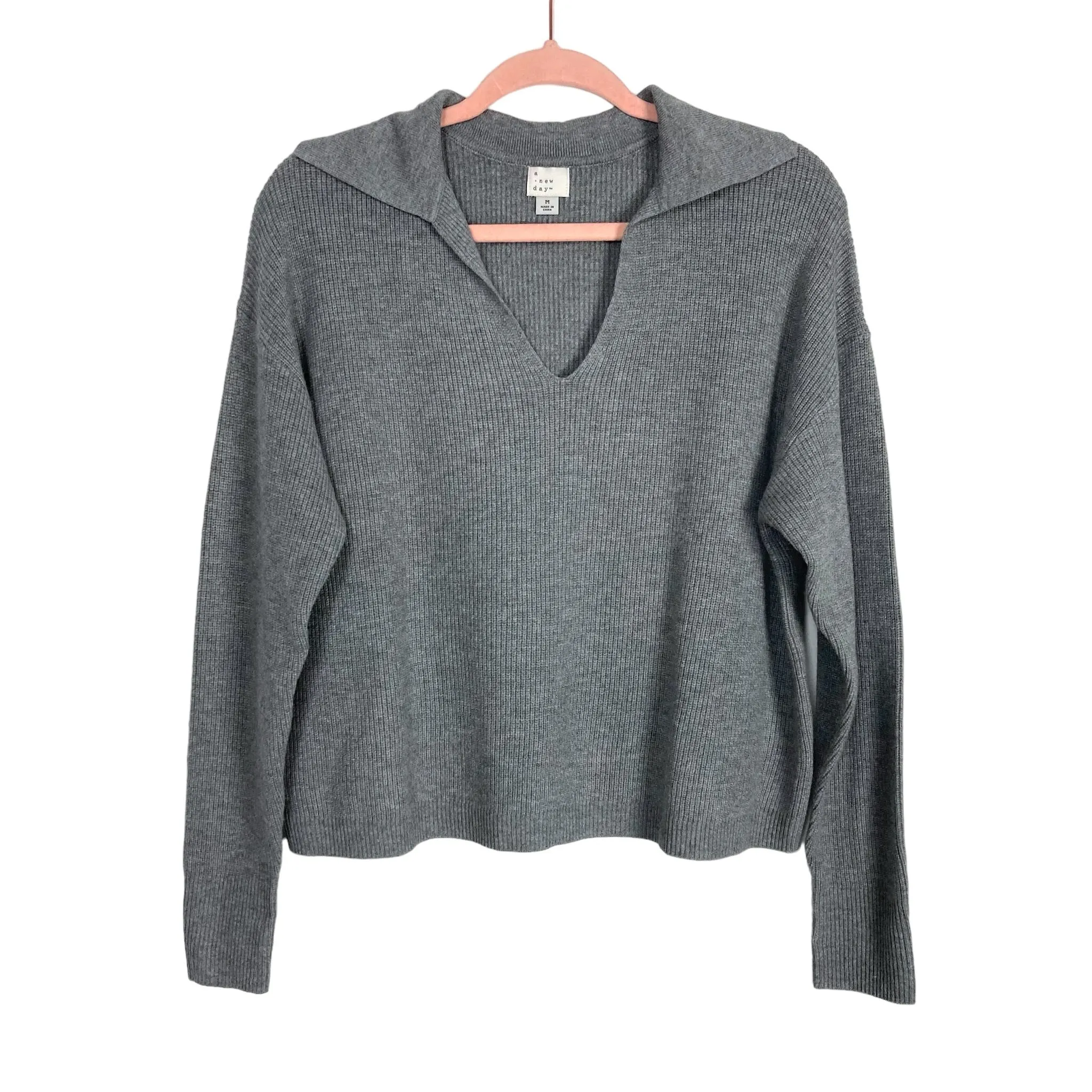 A New Day Gray Ribbed Knit Collared V-Neck Lounge Sweater- Size M (sold out online, we have matching pants)