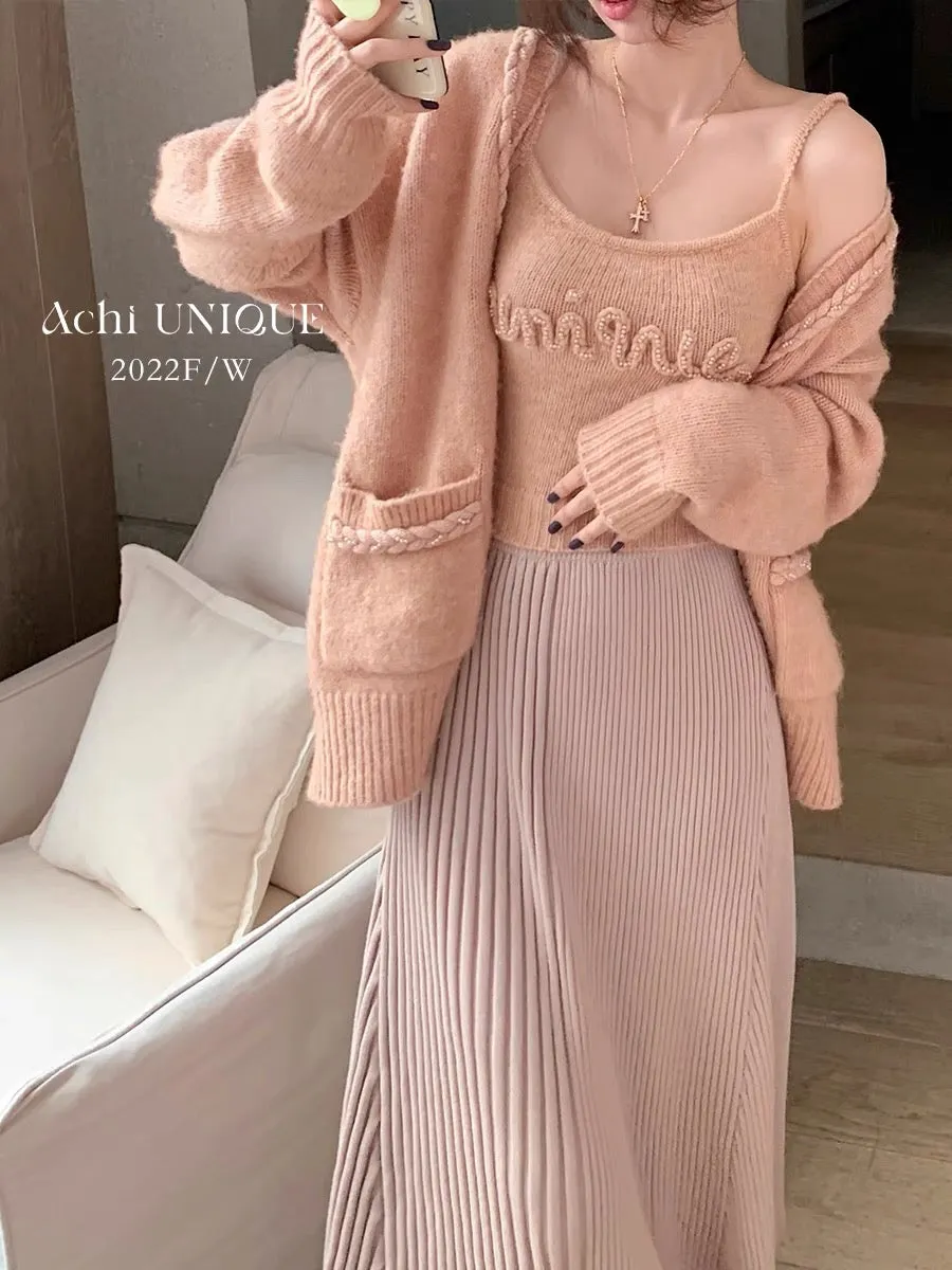 ACHI Dayeike coffee color sweater single-breasted long-sleeved cardigan loose twist sweater pocket mid-length coat