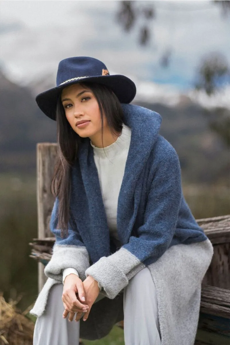 Alpaca Collections BARBARA Alpaca Long Hooded Cardigan Coat in Grey/Denim 