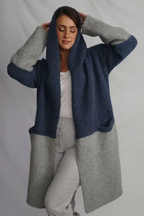 Alpaca Collections BARBARA Alpaca Long Hooded Cardigan Coat in Grey/Denim 