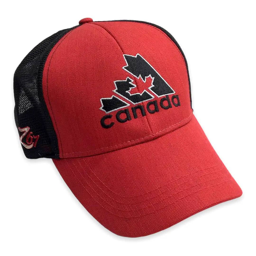 An Red mesh  cap with  Canada embroidered along the front.