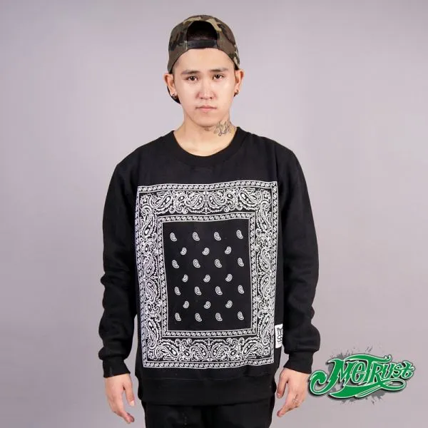 Bandana Print Crewneck Sweater with Square Paisley Pattern