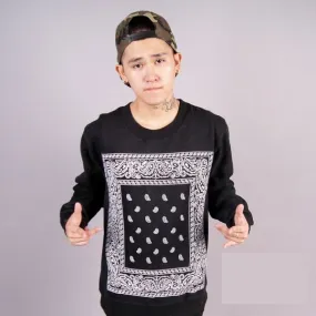 Bandana Print Crewneck Sweater with Square Paisley Pattern