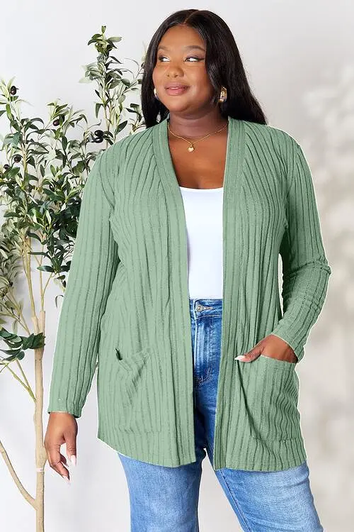 Basic Bae Full Size Ribbed Open Front Cardigan with Pockets