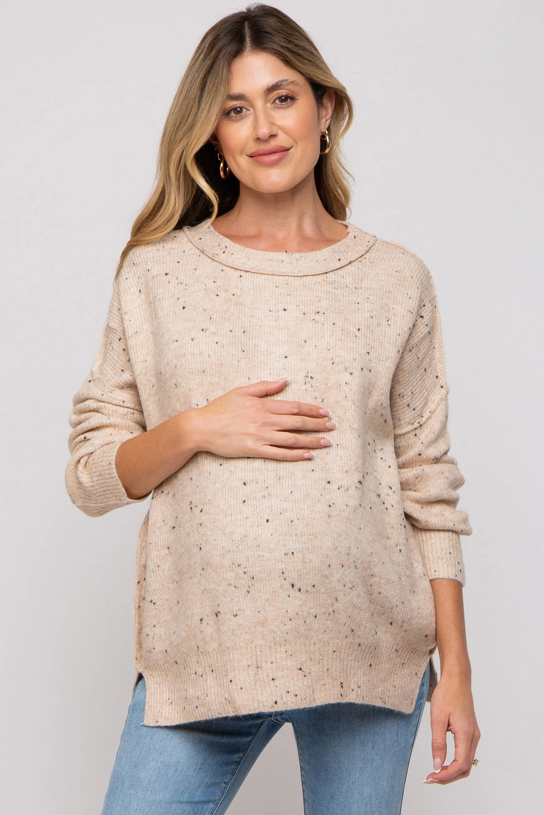 Beige Speckled Knit Maternity Sweater