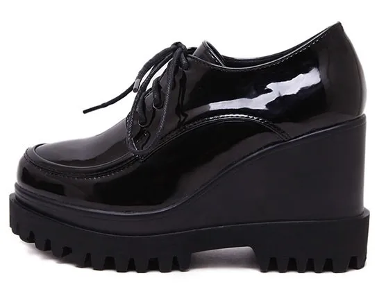 Black Patent Lace Up Wedges Platforms Oxfords Shoes