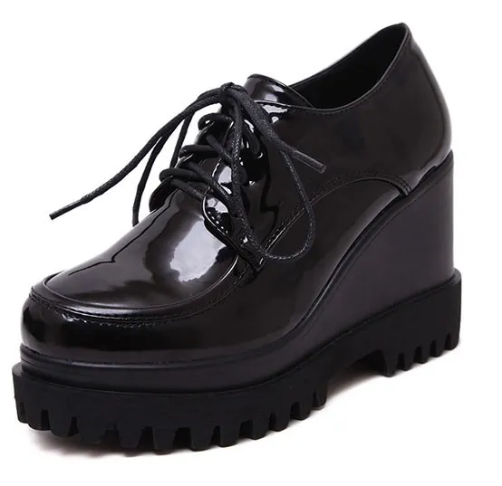 Black Patent Lace Up Wedges Platforms Oxfords Shoes