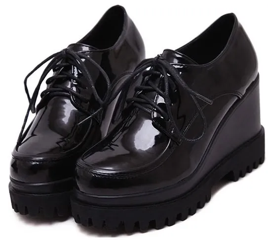 Black Patent Lace Up Wedges Platforms Oxfords Shoes