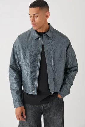 Boxy Textured PU Harrington Jacket In Grey