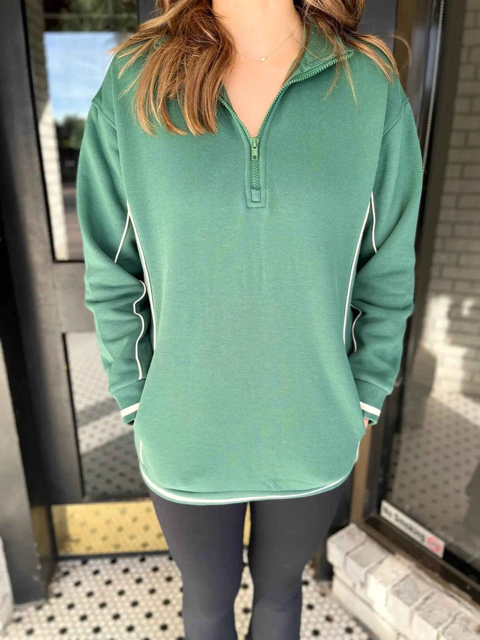 Boyfriend Fit Brushed Fleece Half Zip- Hunter Green