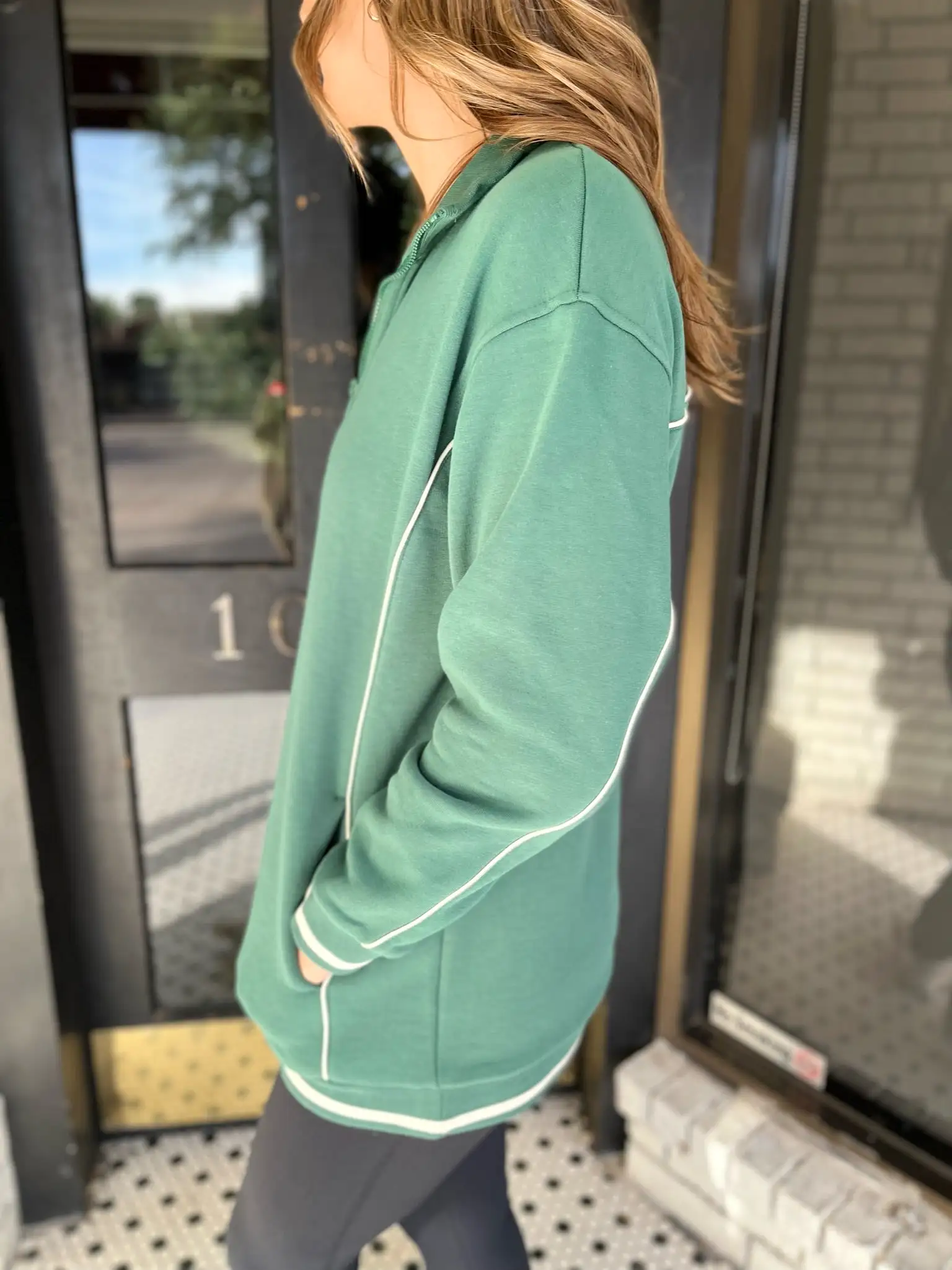 Boyfriend Fit Brushed Fleece Half Zip- Hunter Green