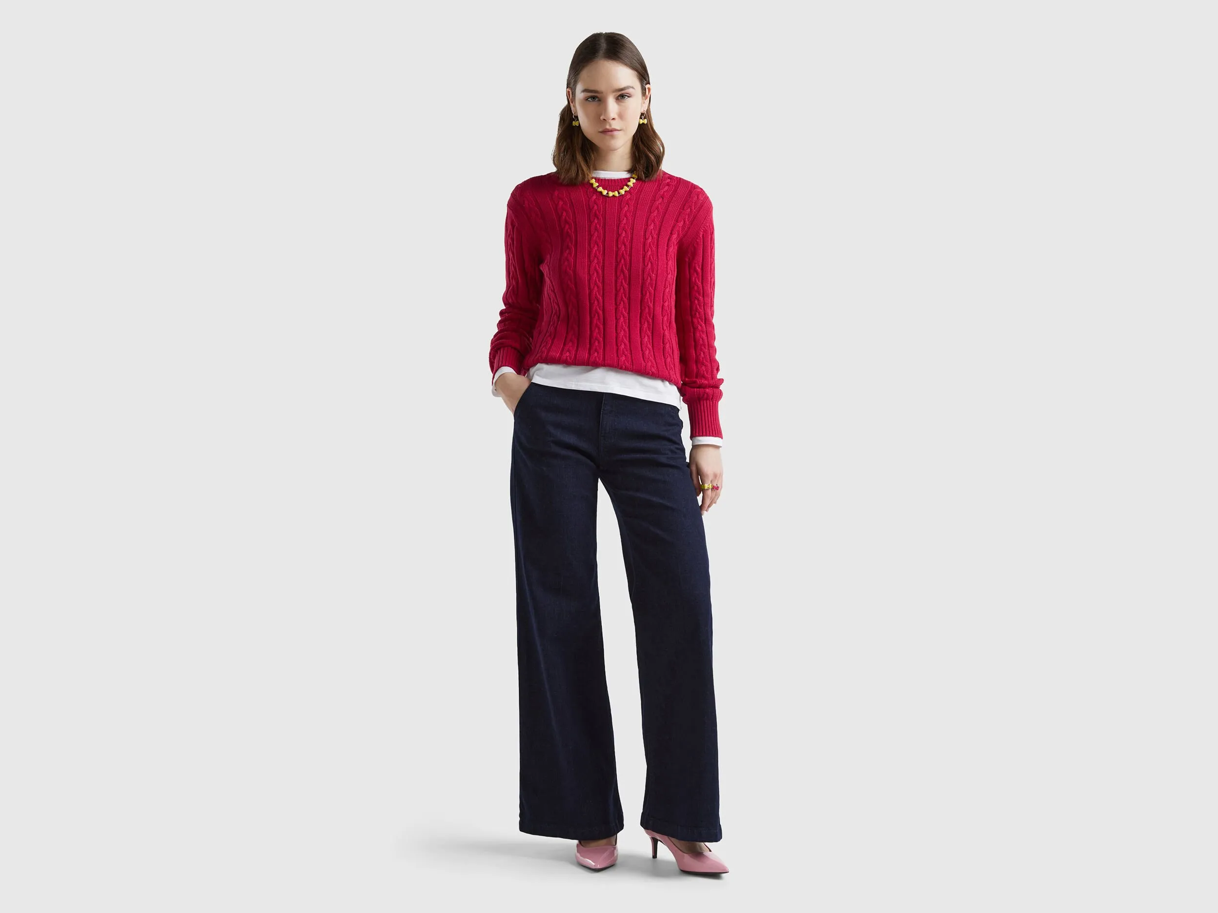 Cable knit sweater 100% cotton - Cyclamen | Benetton