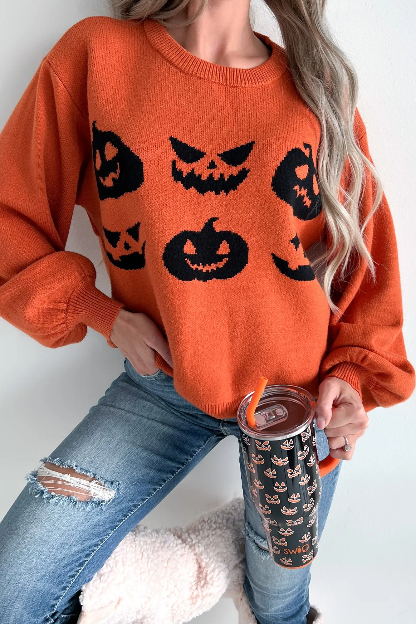 Carvin' Pumpkins Knit Halloween Sweater (Pumpkin)