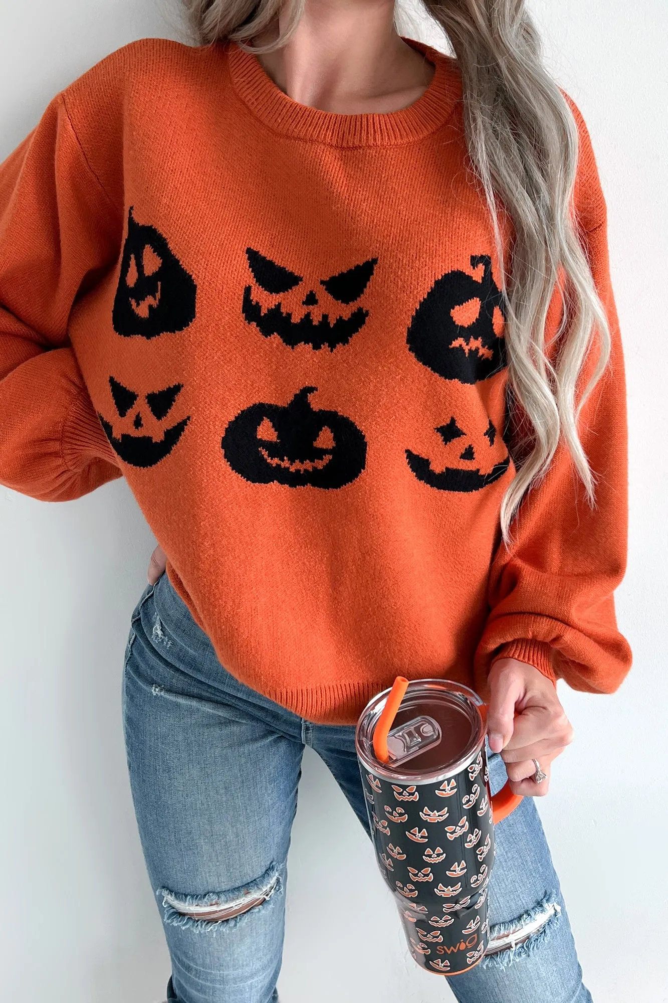 Carvin' Pumpkins Knit Halloween Sweater (Pumpkin)