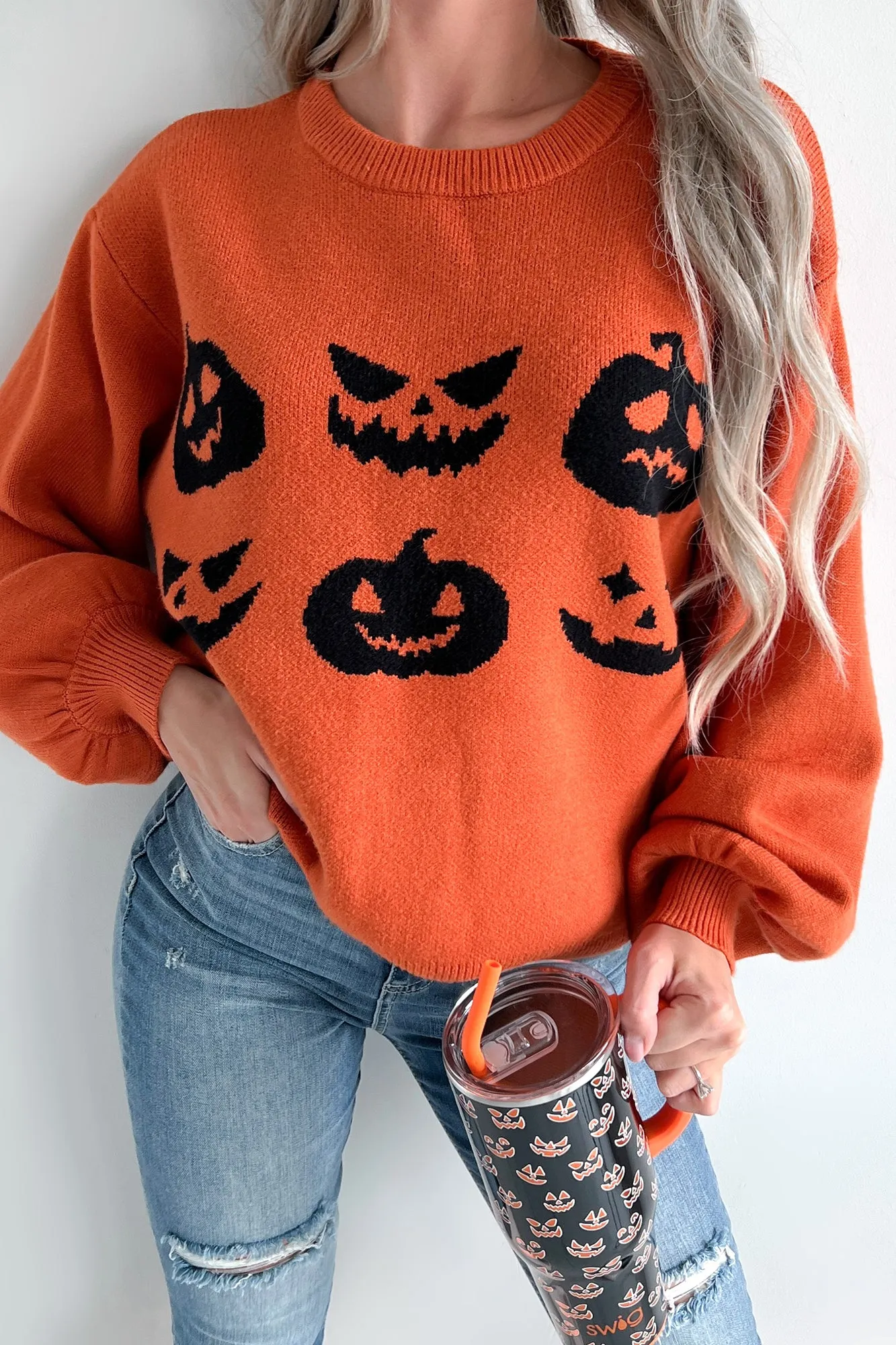 Carvin' Pumpkins Knit Halloween Sweater (Pumpkin)