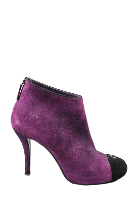 Chanel Purple Suede Booties w/ Black Captoe CC Size 38.5