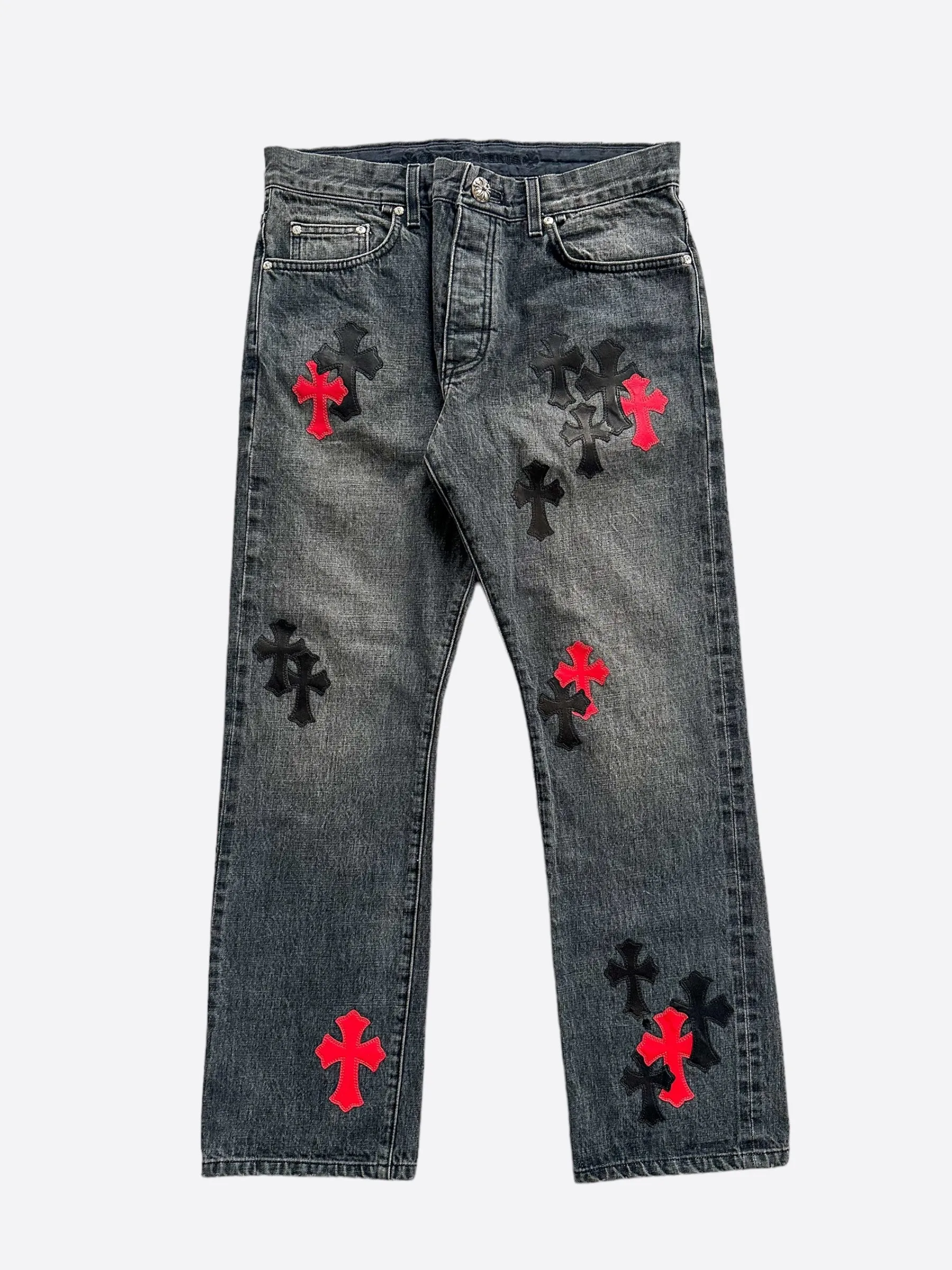 Chrome Hearts Grey Black & Red Cross Patch Jeans