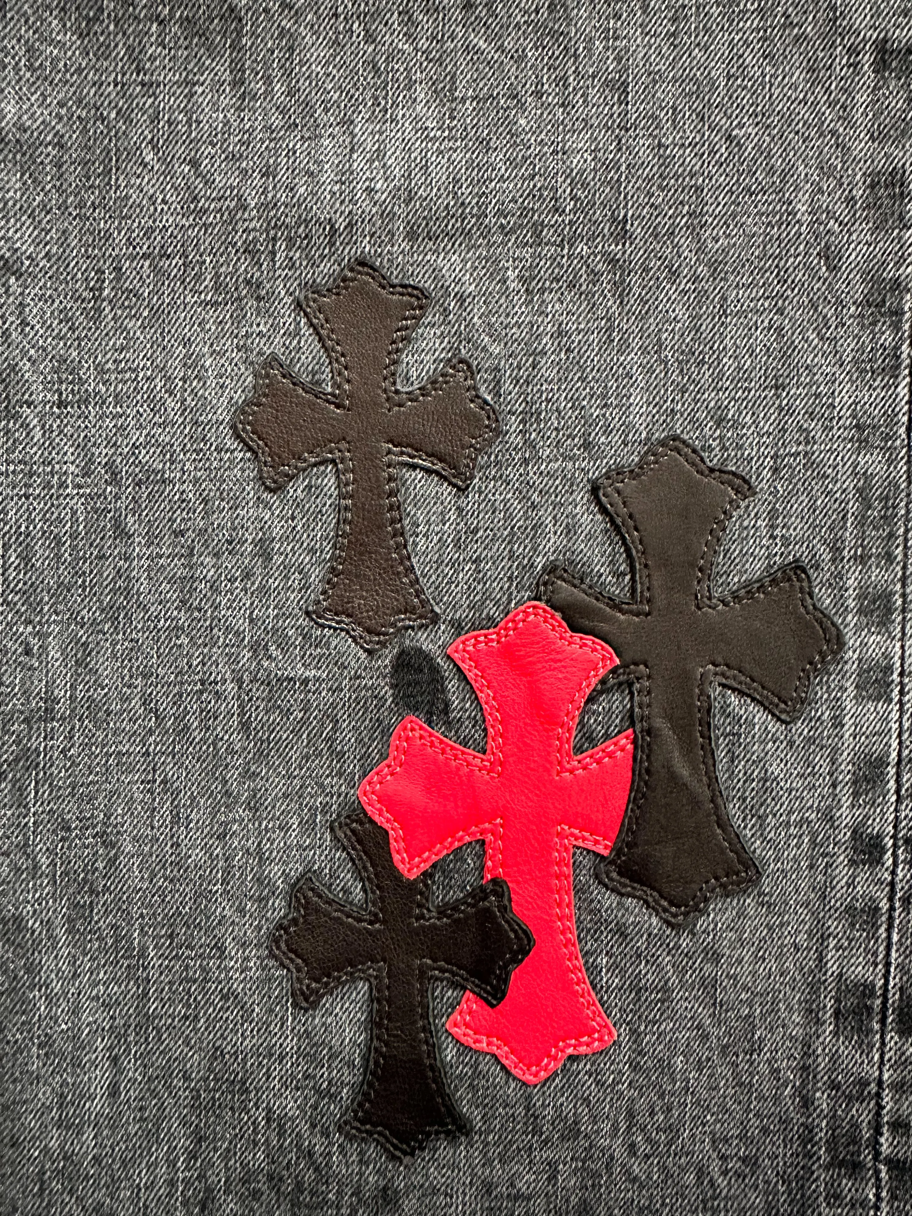 Chrome Hearts Grey Black & Red Cross Patch Jeans