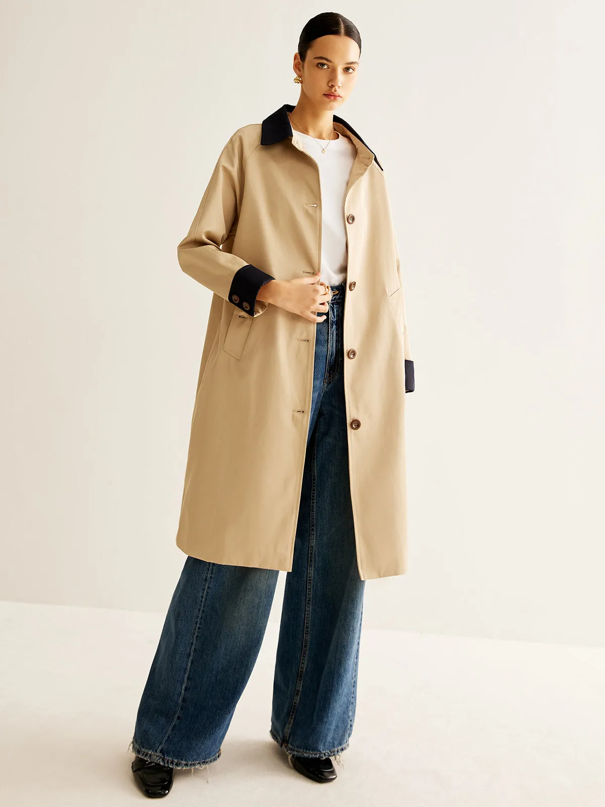 Contrast Binding Long Trench Coat