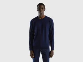 Crew neck sweater in 100% cotton - Dark Blue | Benetton