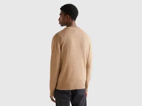 Crew neck sweater in cashmere and wool blend - Beige | Benetton