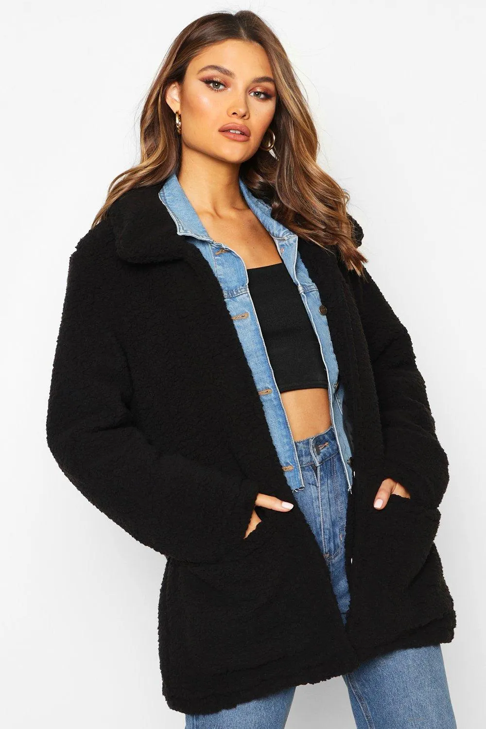 Double Pocket Teddy Faux Fur Coat