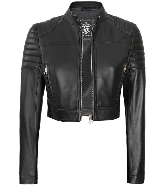 Edna Women's Black Cropped Leather Moto Jacket