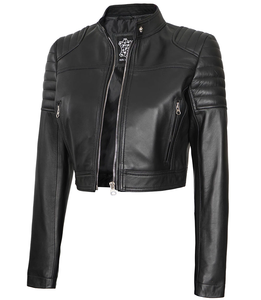 Edna Women's Black Cropped Leather Moto Jacket