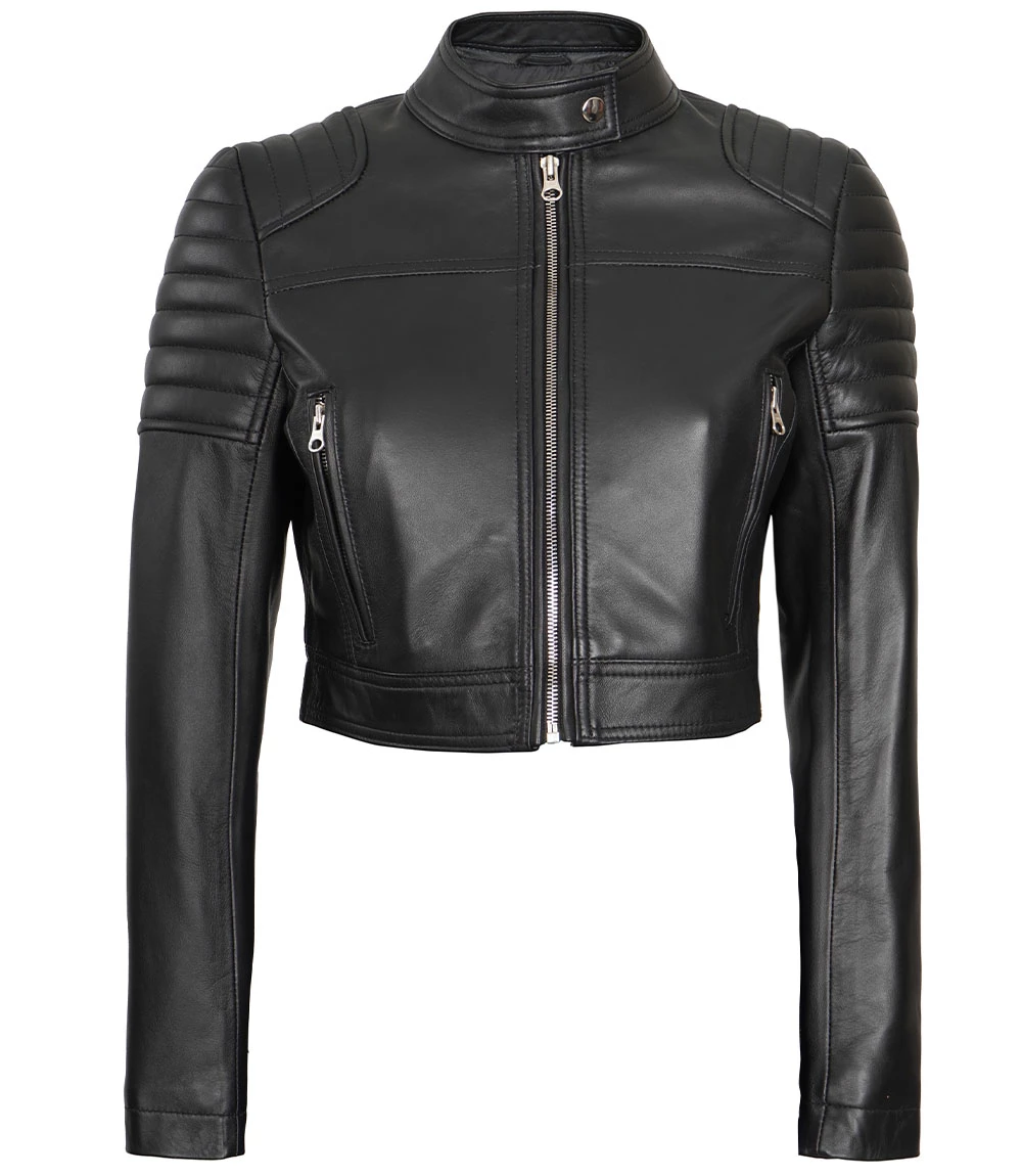 Edna Women's Black Cropped Leather Moto Jacket