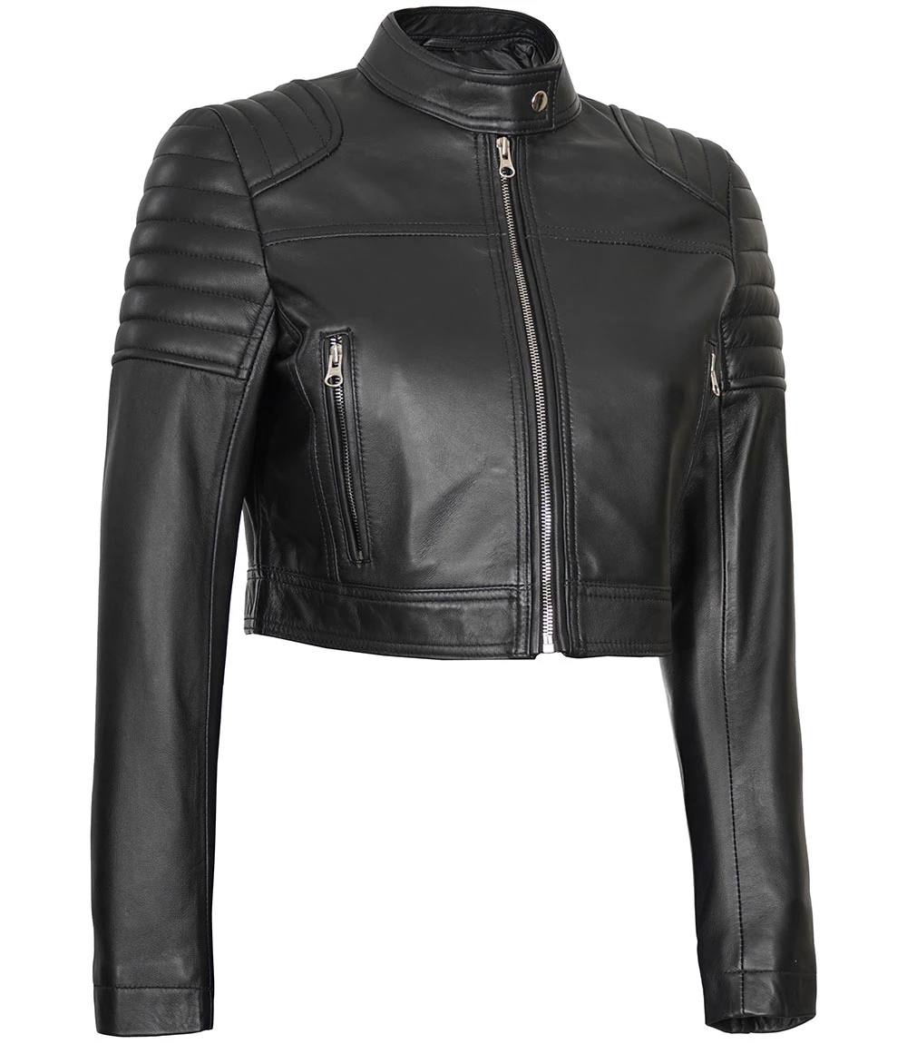 Edna Women's Black Cropped Leather Moto Jacket