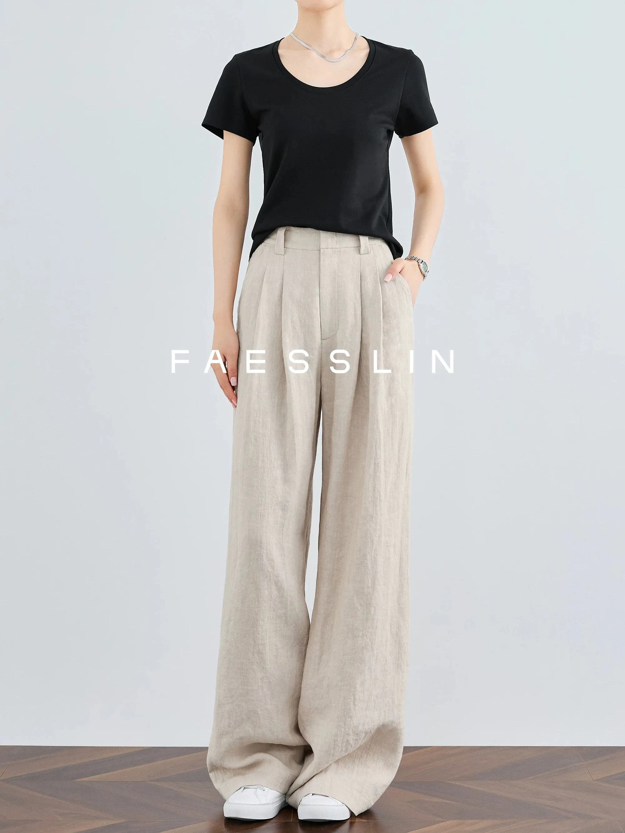 FAESSLIN [100% linen] high-waisted straight lengthened wide-leg pants for women's summer thin drapey casual trousers