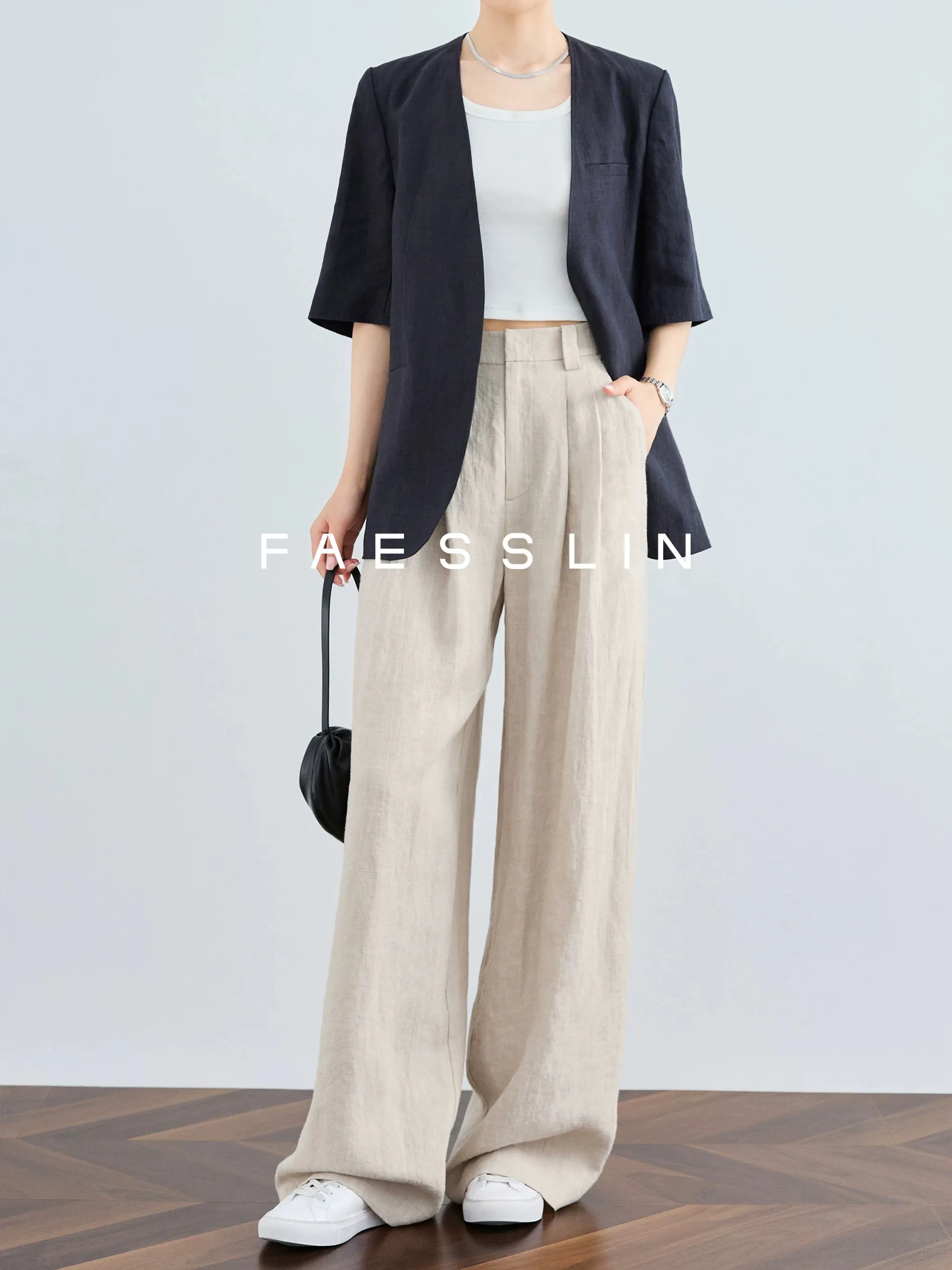 FAESSLIN [100% linen] high-waisted straight lengthened wide-leg pants for women's summer thin drapey casual trousers