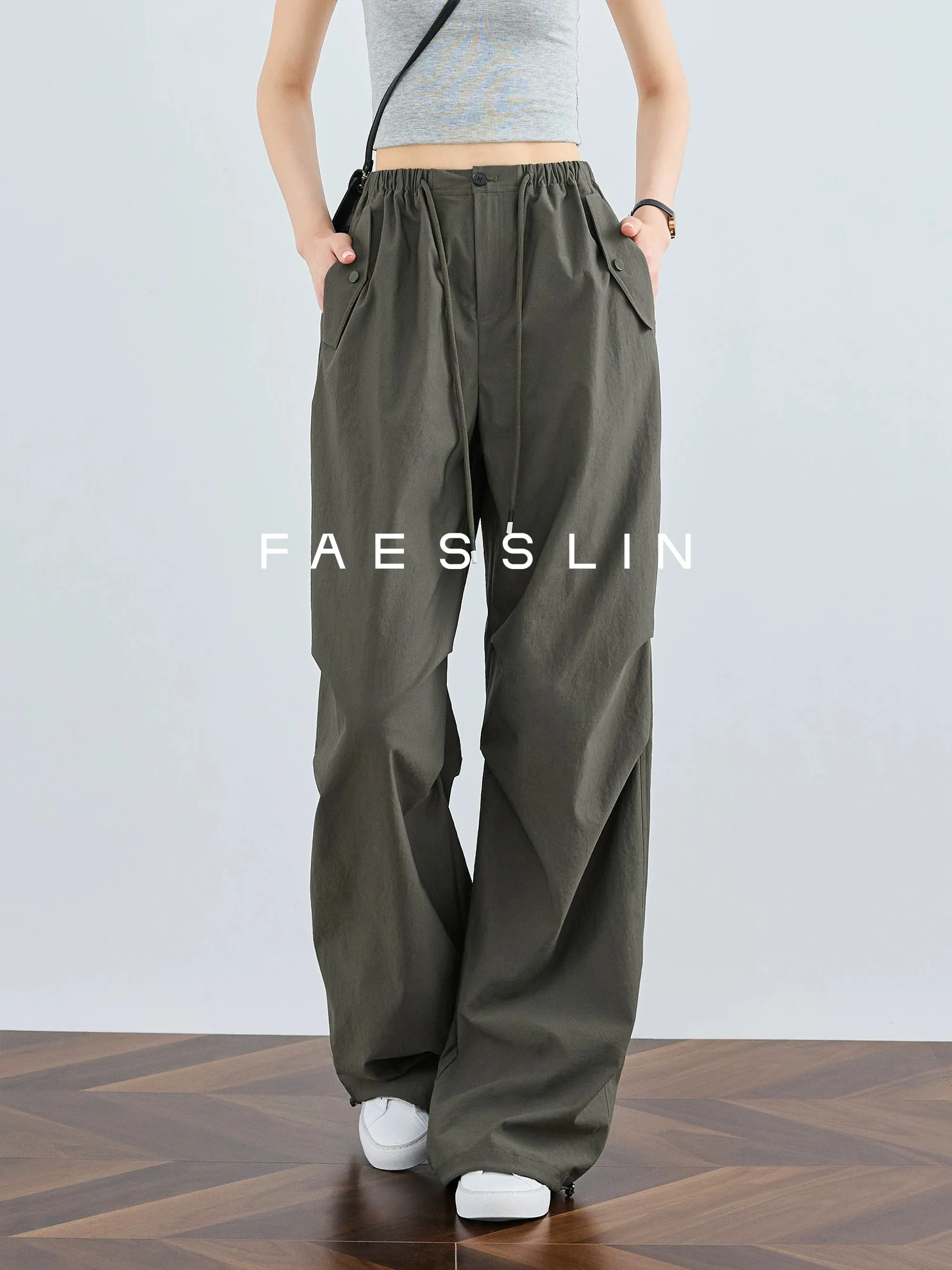 FAESSLIN overalls women's summer thin high-waisted wide-leg pants straight-leg casual trousers American paratrooper pants