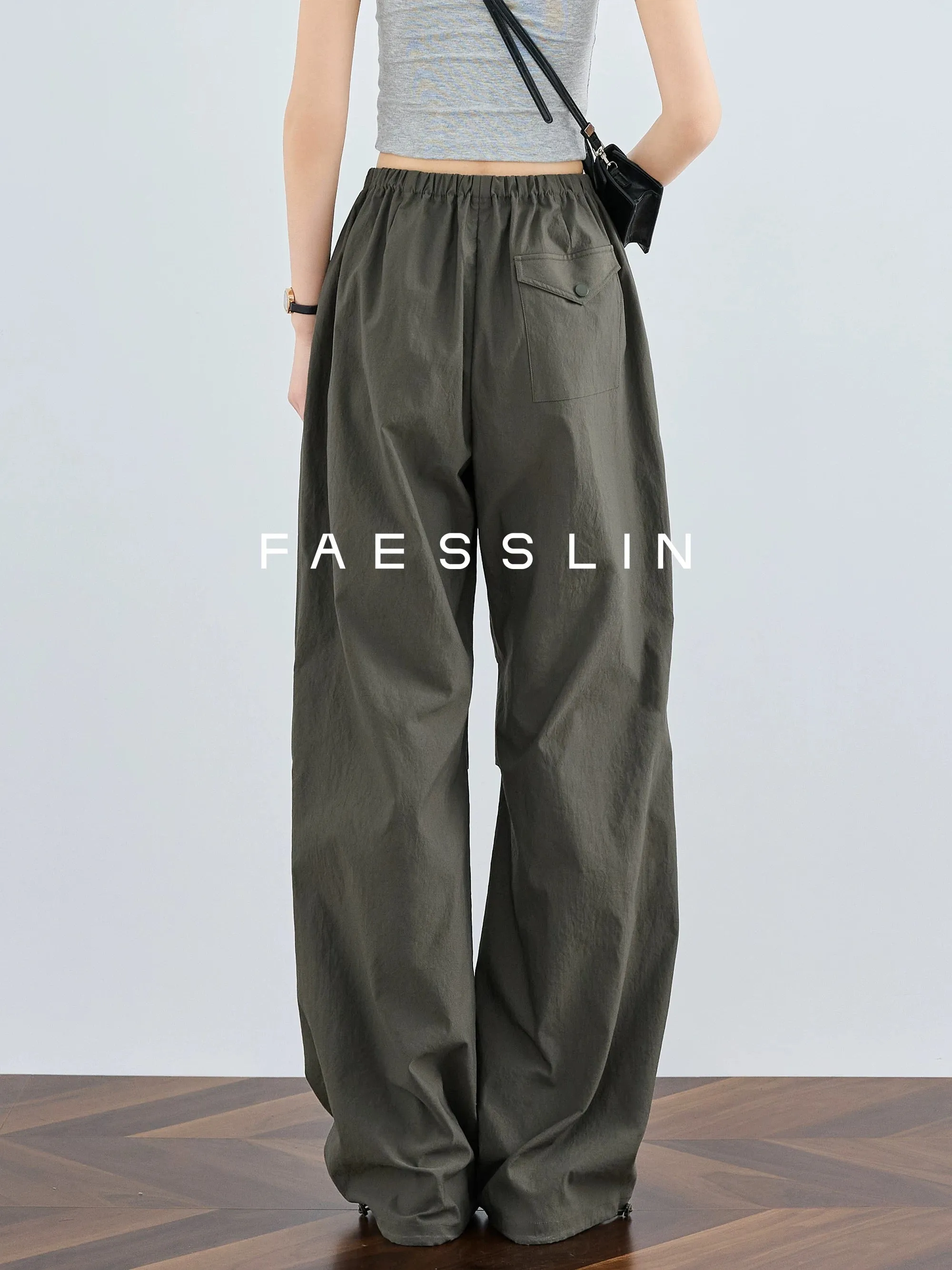 FAESSLIN overalls women's summer thin high-waisted wide-leg pants straight-leg casual trousers American paratrooper pants