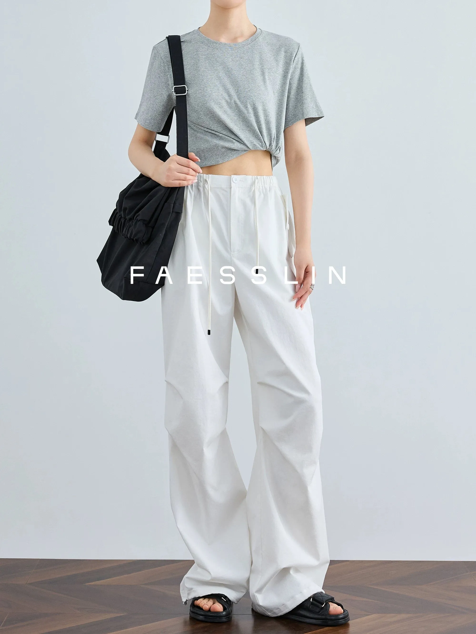 FAESSLIN overalls women's summer thin high-waisted wide-leg pants straight-leg casual trousers American paratrooper pants