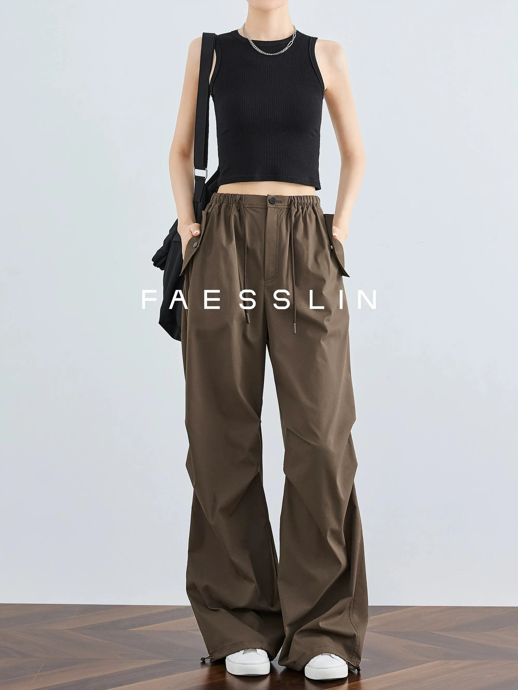 FAESSLIN overalls women's summer thin high-waisted wide-leg pants straight-leg casual trousers American paratrooper pants