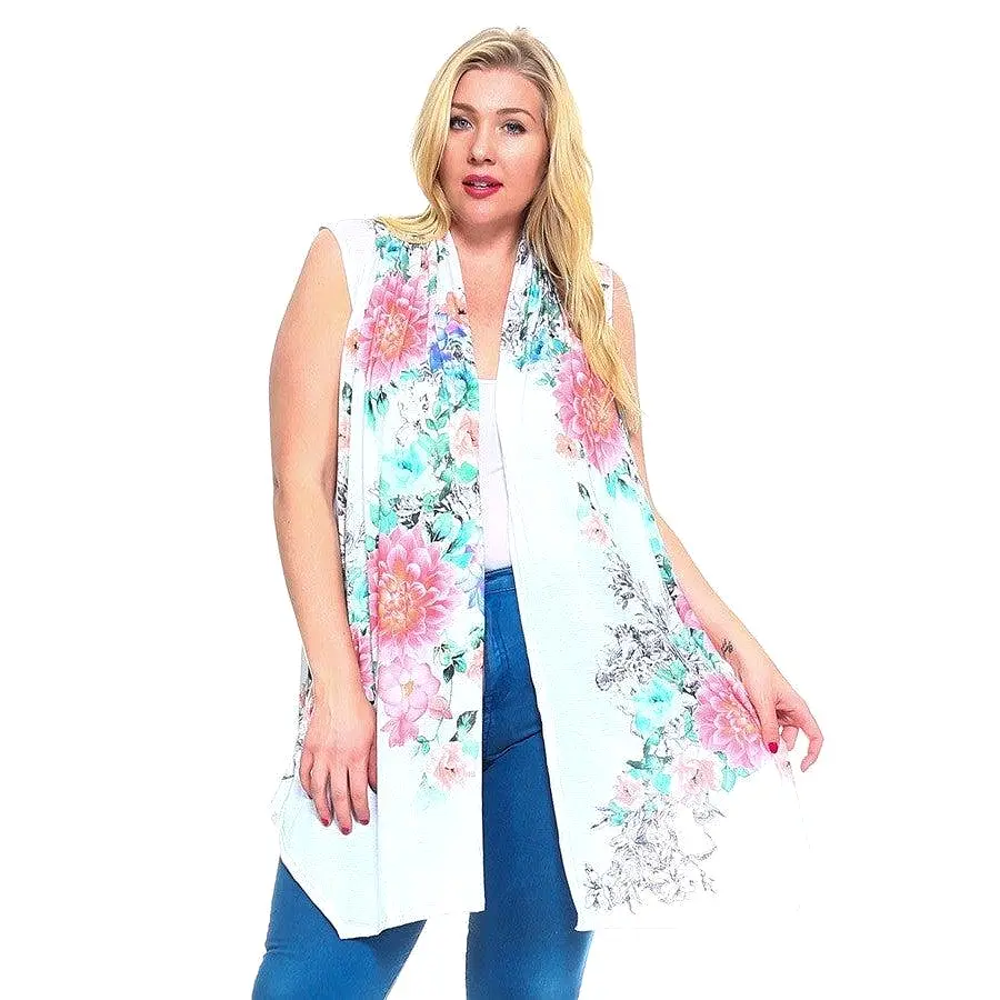 Floral Print, Open Front Vest With An Asymmetric Hem.