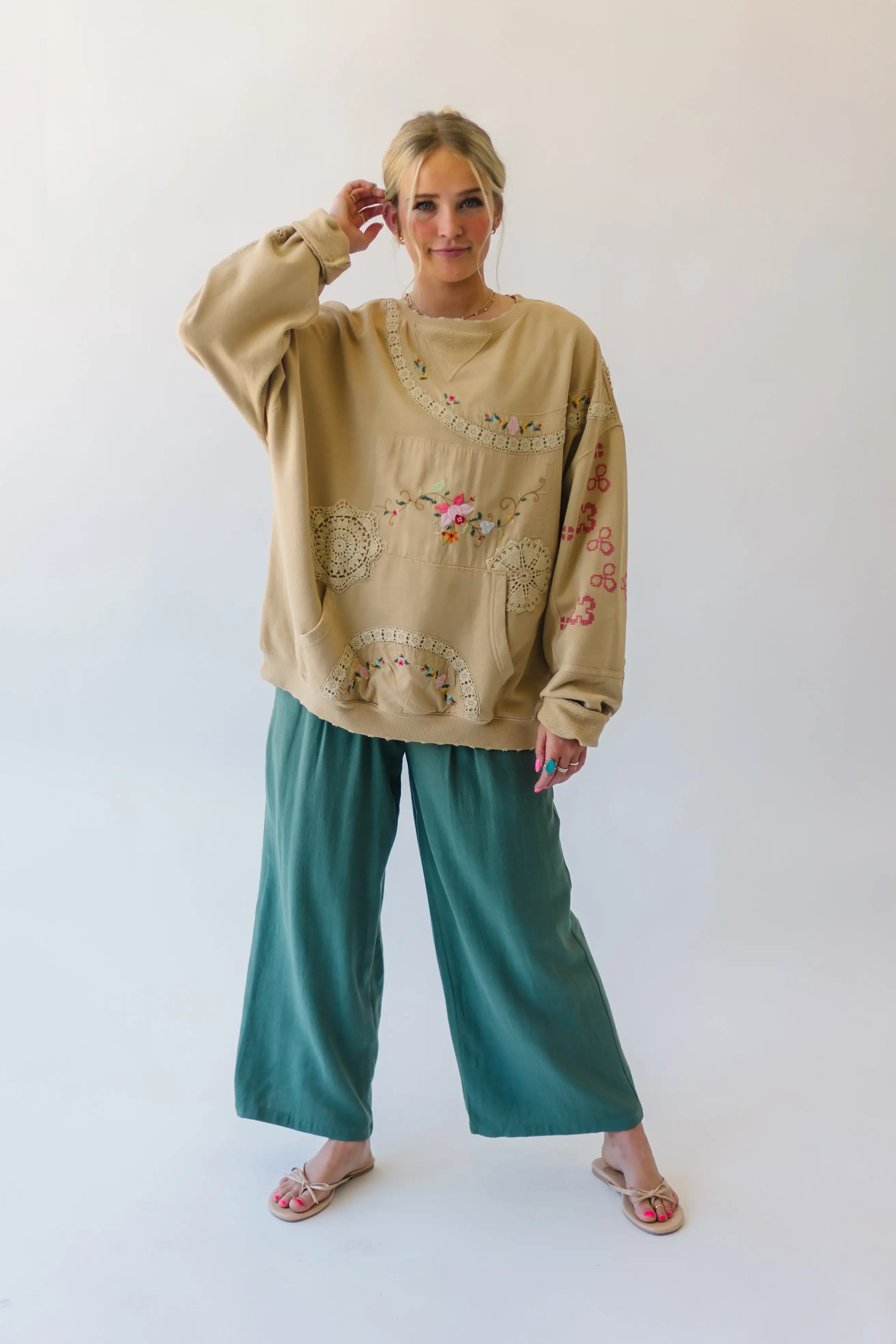 Free People: Grams Attic Sweatshirt in Mushroom Combo