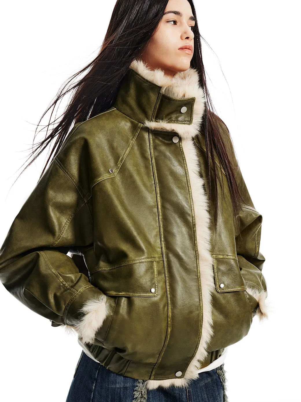 Furry Stand-Collar Washed Leather Jacket