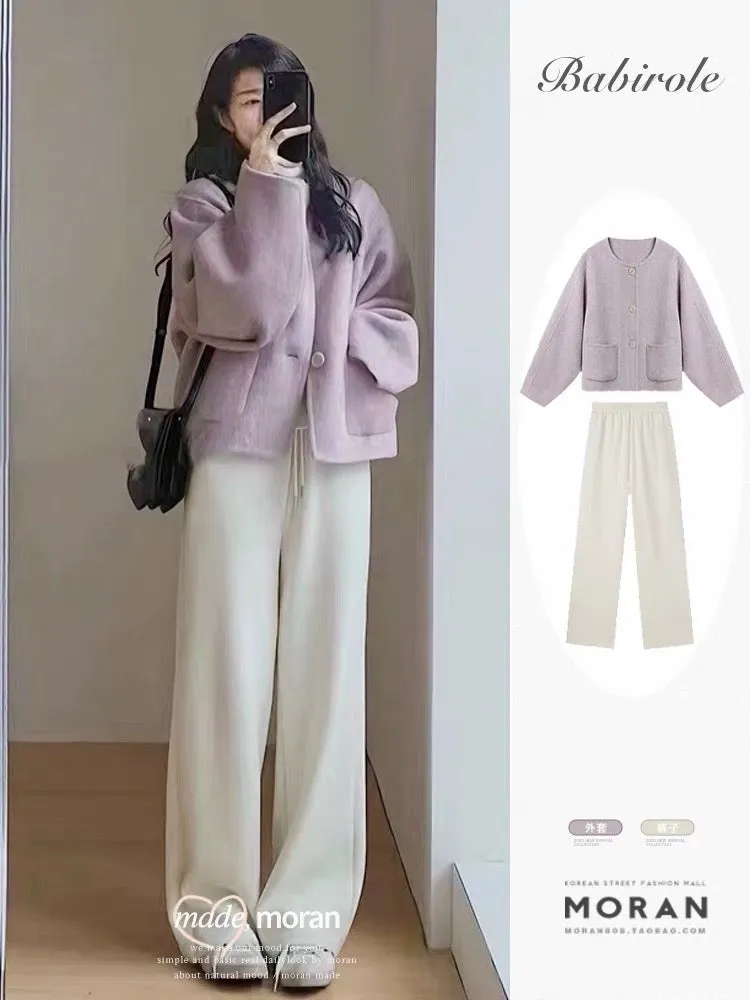 Gentle style high-end woolen short coat corduroy straight wide-leg pants loose autumn and winter two-piece suit for small people