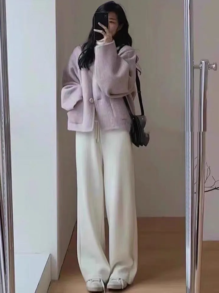 Gentle style high-end woolen short coat corduroy straight wide-leg pants loose autumn and winter two-piece suit for small people