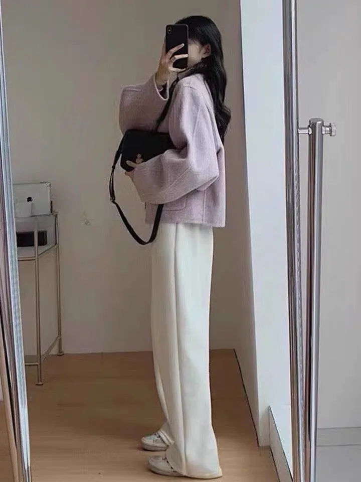 Gentle style high-end woolen short coat corduroy straight wide-leg pants loose autumn and winter two-piece suit for small people