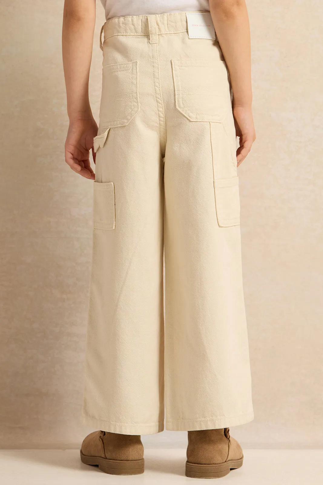 Girls Beige Wide Leg Jeans