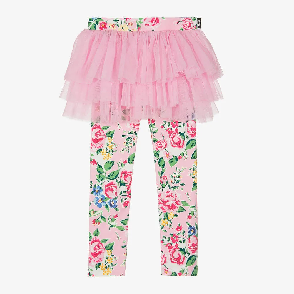 Girls Pink Floral Print Tutu Leggings