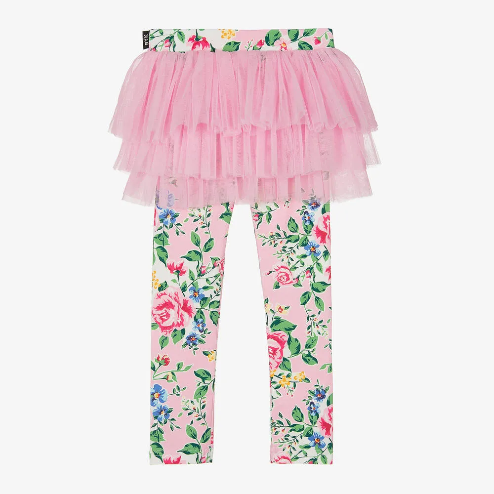 Girls Pink Floral Print Tutu Leggings