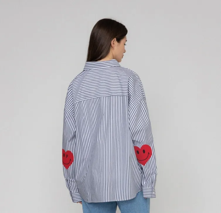 GRAVER  |[GRAVER]★ELBOW HEART SMILE OVERFIT STRIPED SHIRT