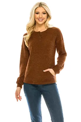 Haute Edition Women's Rib Kit Henley Top with Front Pocket