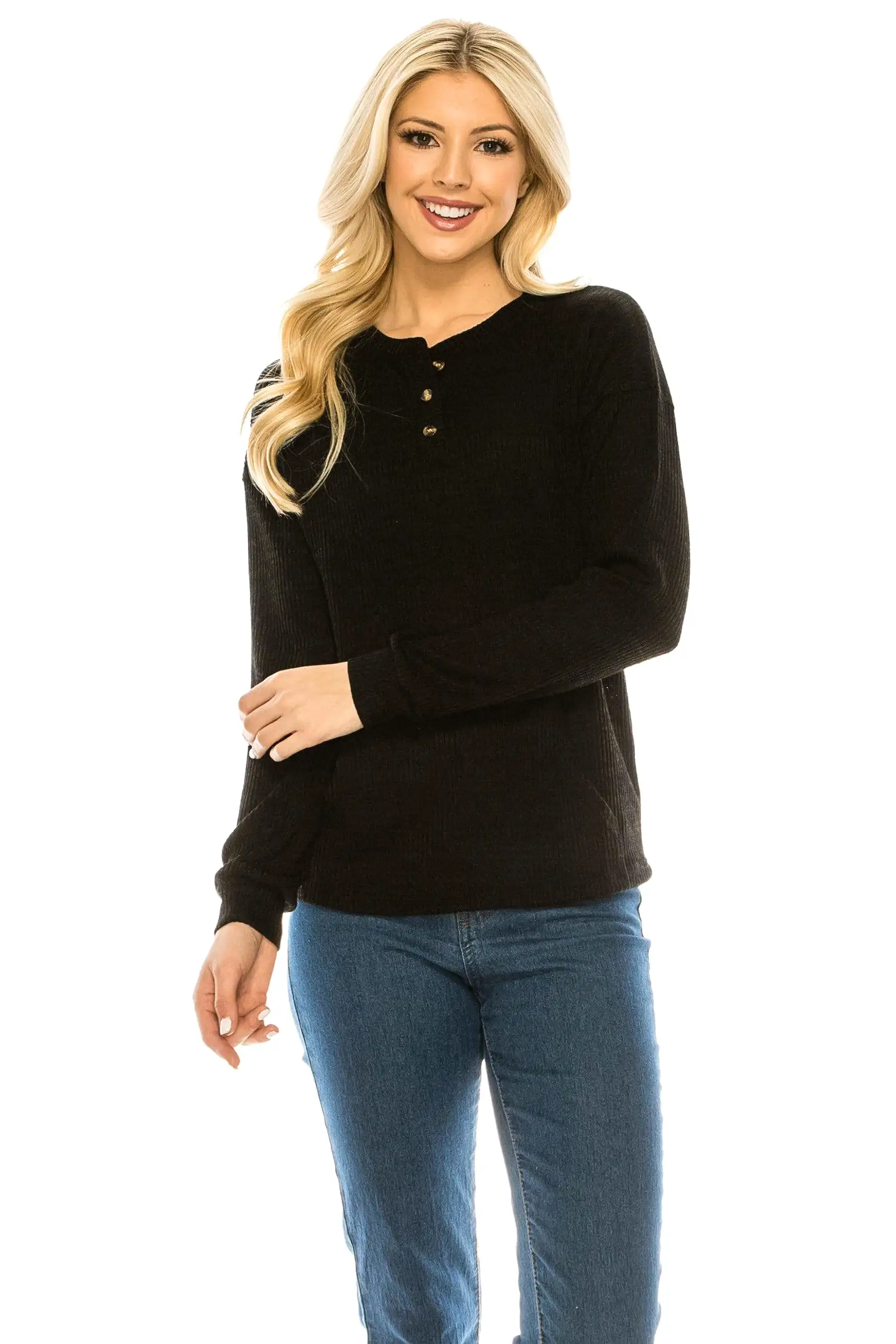 Haute Edition Women's Rib Kit Henley Top with Front Pocket