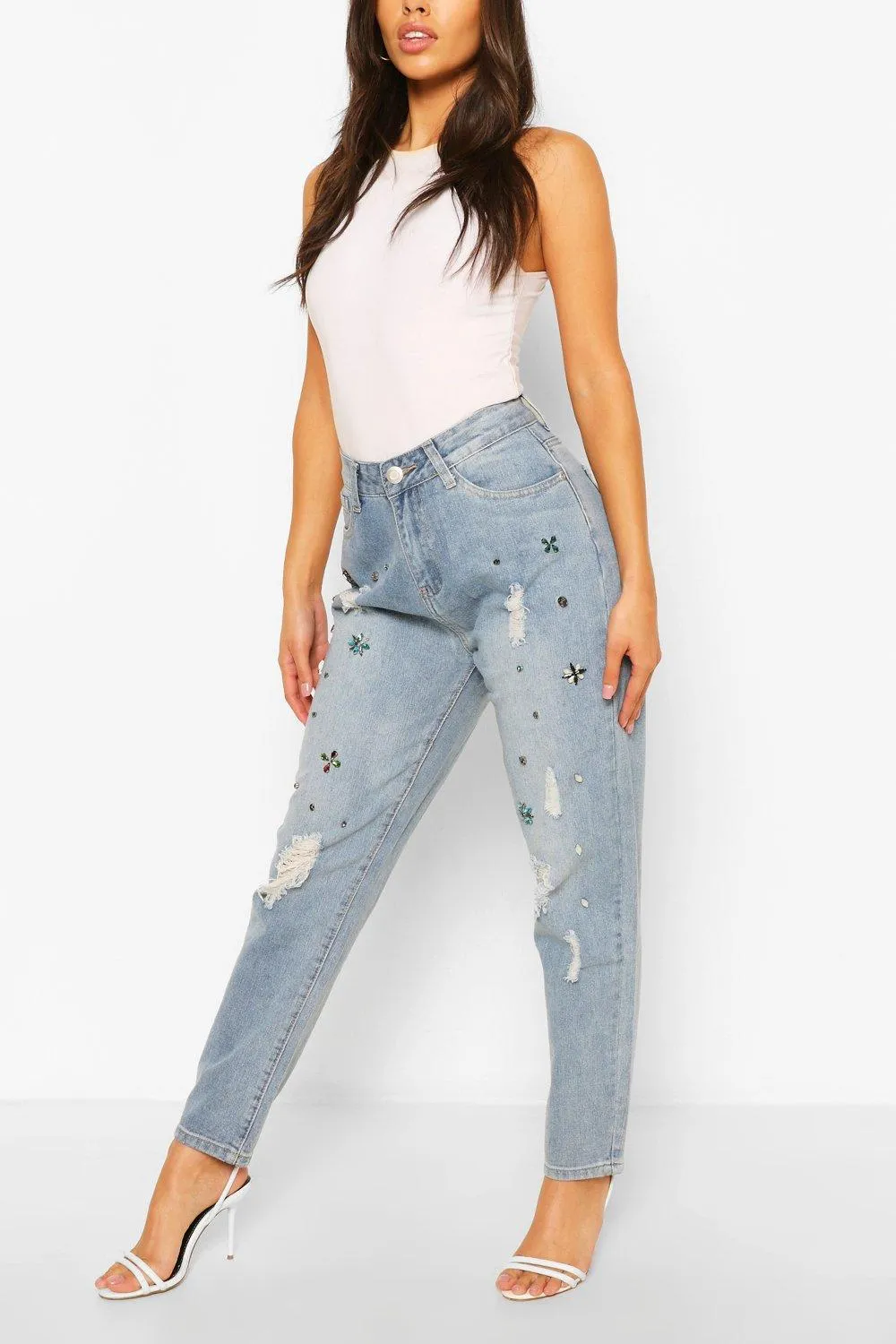 High Waisted Embellished Ripped Mom Jeans