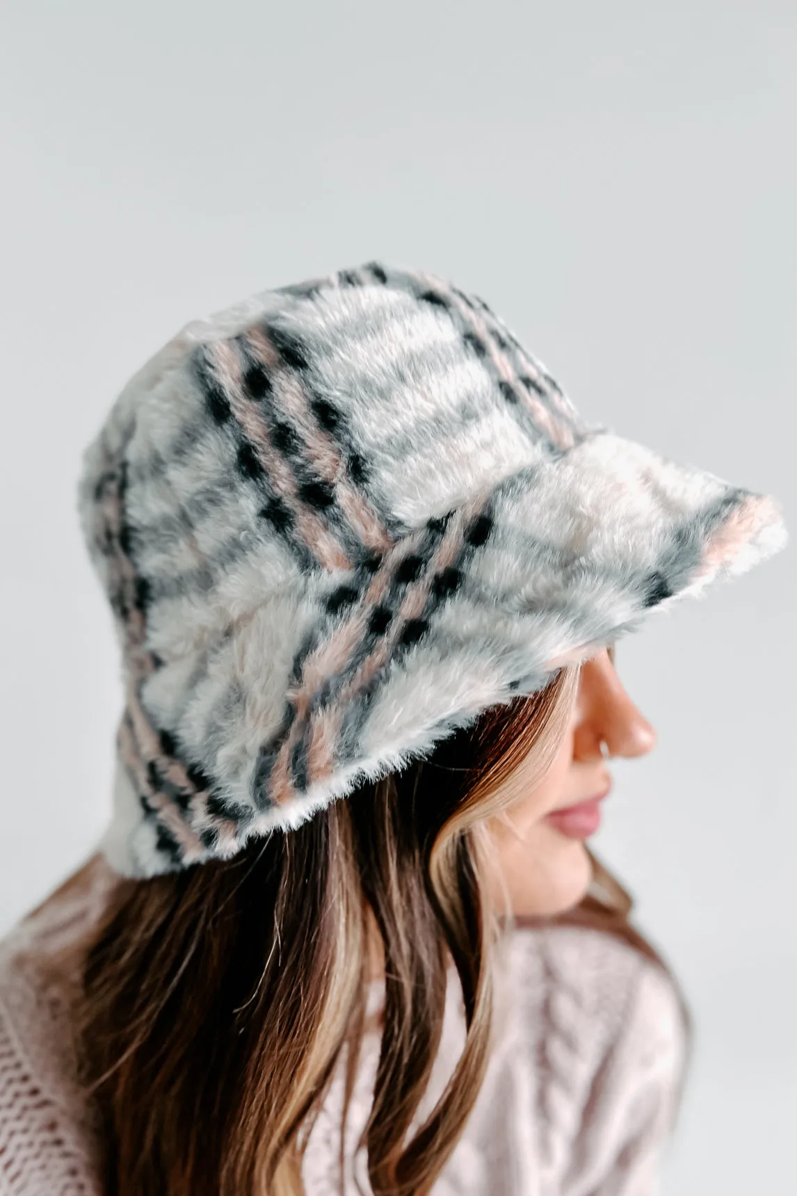 Holiday Steal- Crazy Fur You Plaid Faux Fur Bucket Hat (Cream/Pink)